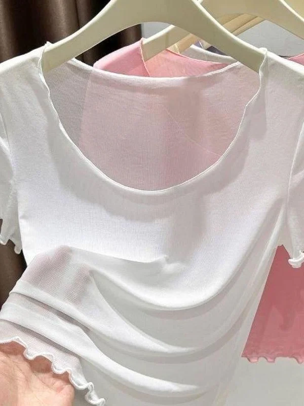 Ice Silk Mesh Low Neck Short Sleeve T-Shirt Women Summer Clavicle Short Transparent Thin Inner Wear Base 9 Chinese Style Loos...