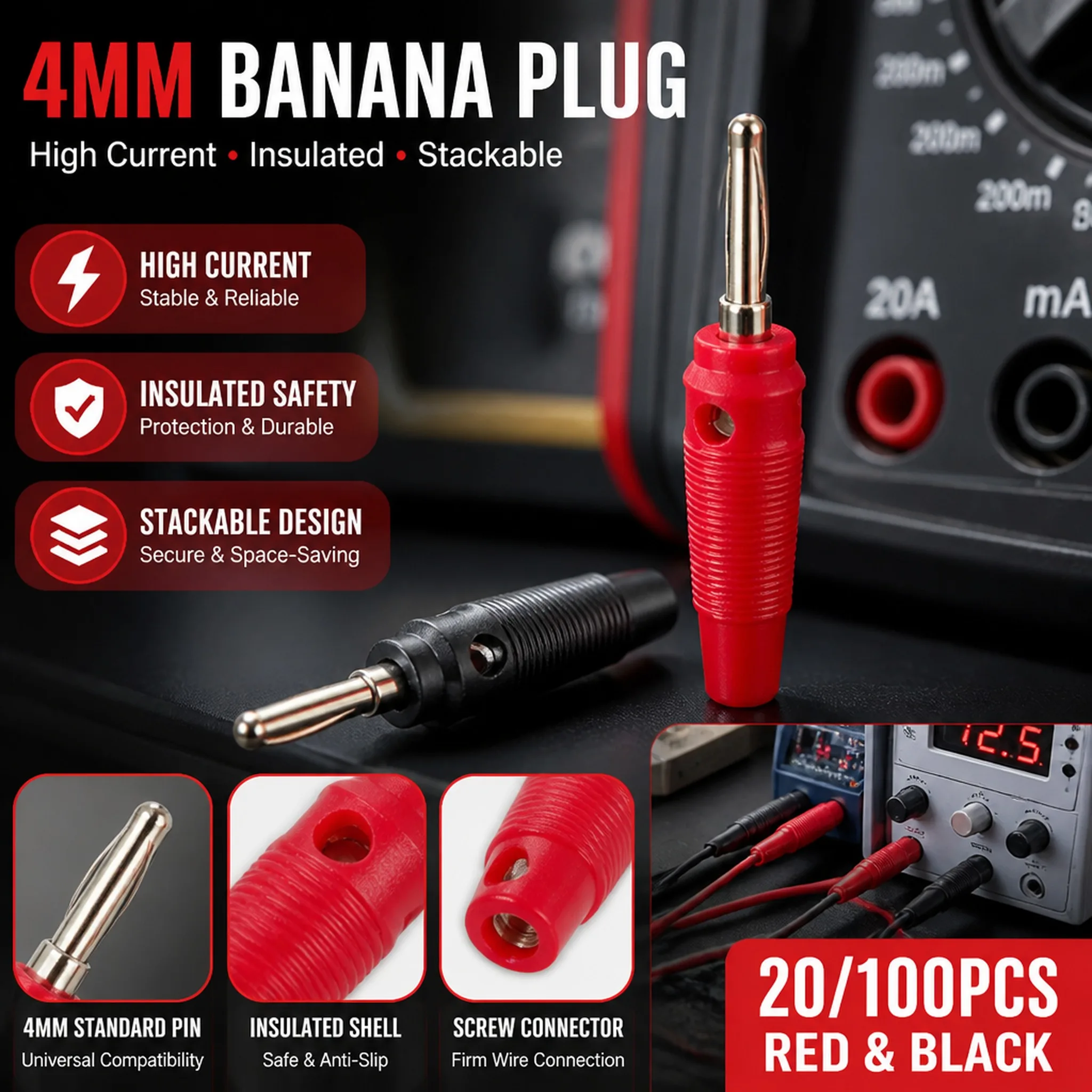 mm Banana Plug 20pcs 100pcs Stackable Connector Insulated Screw Connection Red Black Speaker Audio Multimeter Test Lead Jack