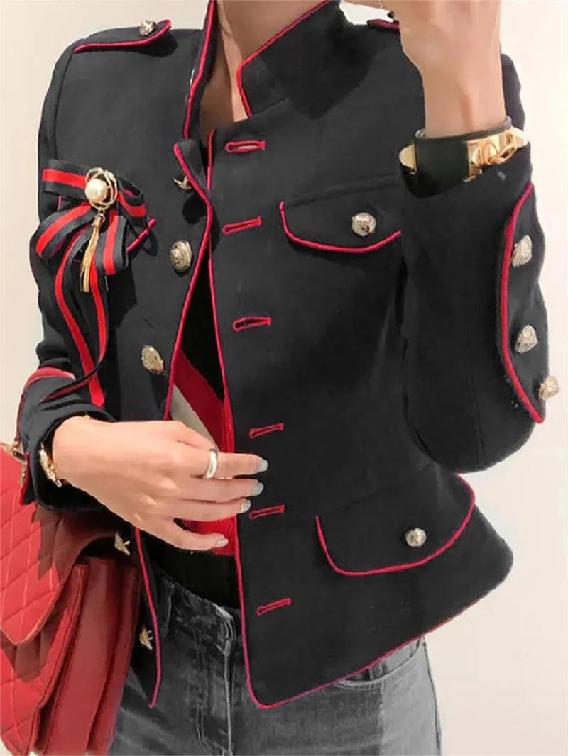 Women\'s Jackets Coat 2024 New Fall Autumn Long Sleeves Vintage Buttoned Stand Collar Loose Fall Clothes 2024 Women Outwear