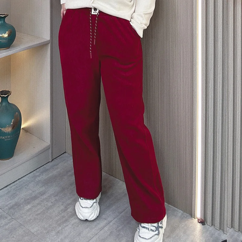 Plus Size Women Thicken Fleece-lined Winter Straight Pants High Waist Loose Chenille Corduroy Casual Warm Wide Leg Trousers 8548