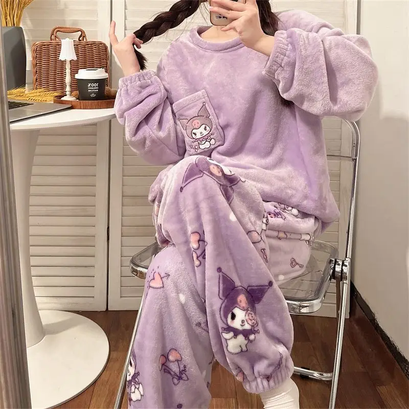 Sanrio Hello Kitty Soft Coral Fleece Home Clothes 2 Piece Set Women Pullover Tops Pants Pajamas Suit Female Plush Sleepwear