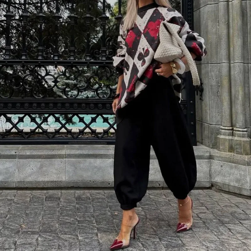 

Женский повседневный жаккардовый вязаный свитер с длинным рукавом и элегантным узором, домашняя одежда с принтом, осенне-зимний модный свободный пуловер с круглым вырезом, топы