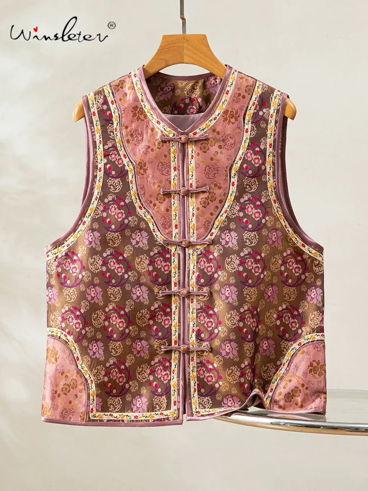 

Winsleter-100%Real Silk Shu Brocade Elegant Vest Coat, V Neck Geometry, Women New Chinese Style Waistcoat, 2026 Spring C5D532CC