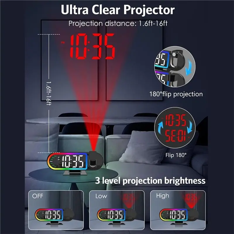 Snooze& Night Mode Alarm Clock With Projector, 8.5