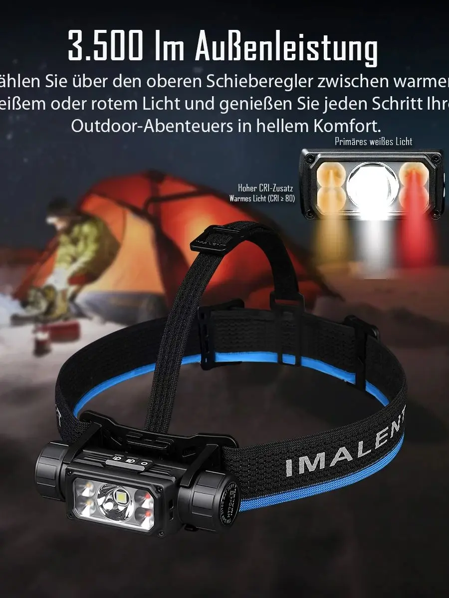 IMALENT HT70 LED-Stirnlampe, 3500 lm, 349 m, 5000 mAh, leistungsstarke Taschenlampe, wiederaufladbarer Scheinwerfer, weißes rotes Licht, drei Lichtquellen-Scheinwerfer
