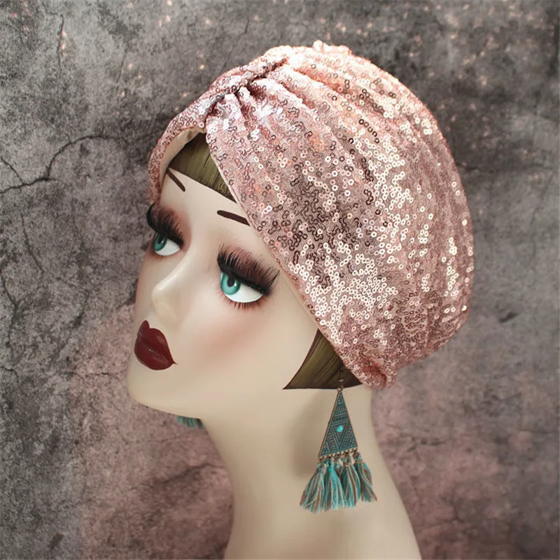 French Retro Sequins Turban Cap for Women Fashion Ladies Headwrap Bonnet Muslim Female Inner Hijabs Headscarf Arab India Hats