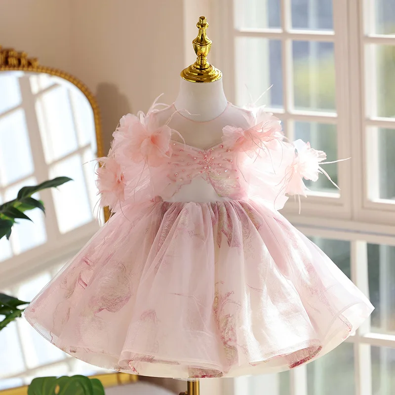 

Children Cute Pink Birthday Baptism Princess Ball Gown Girls Fashion Wedding Party Piano Performance Dress y1601