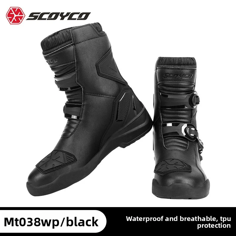 

SCOYCO Cowhide Motocross Boots Waterproof Motorcycle Boots Men Riding Racing Moto Shoes Wearable Botas Moto Motorbike Shoes