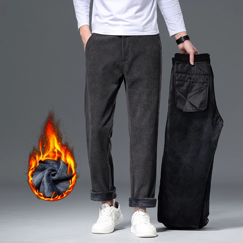 

Corduroy Men's Winter Fleece Pants Thick Warm Casual Straight Fashion Trousers Comfortable Plush Business Loose Pants