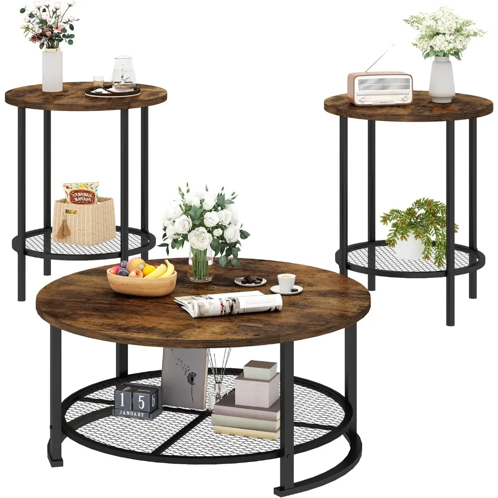 Modern 3-Piece Living Room Coffee and End Table Set with Round Design and Ample Storage