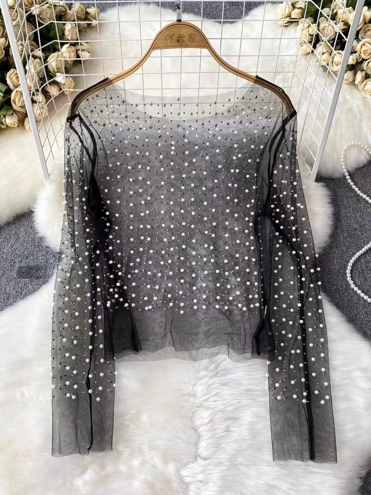 Summer Spicy Girls Sexy Hollow out Round Neck Lace Shirt with Diamond Studded Beads, Versatile Sunscreen Long Sleeve