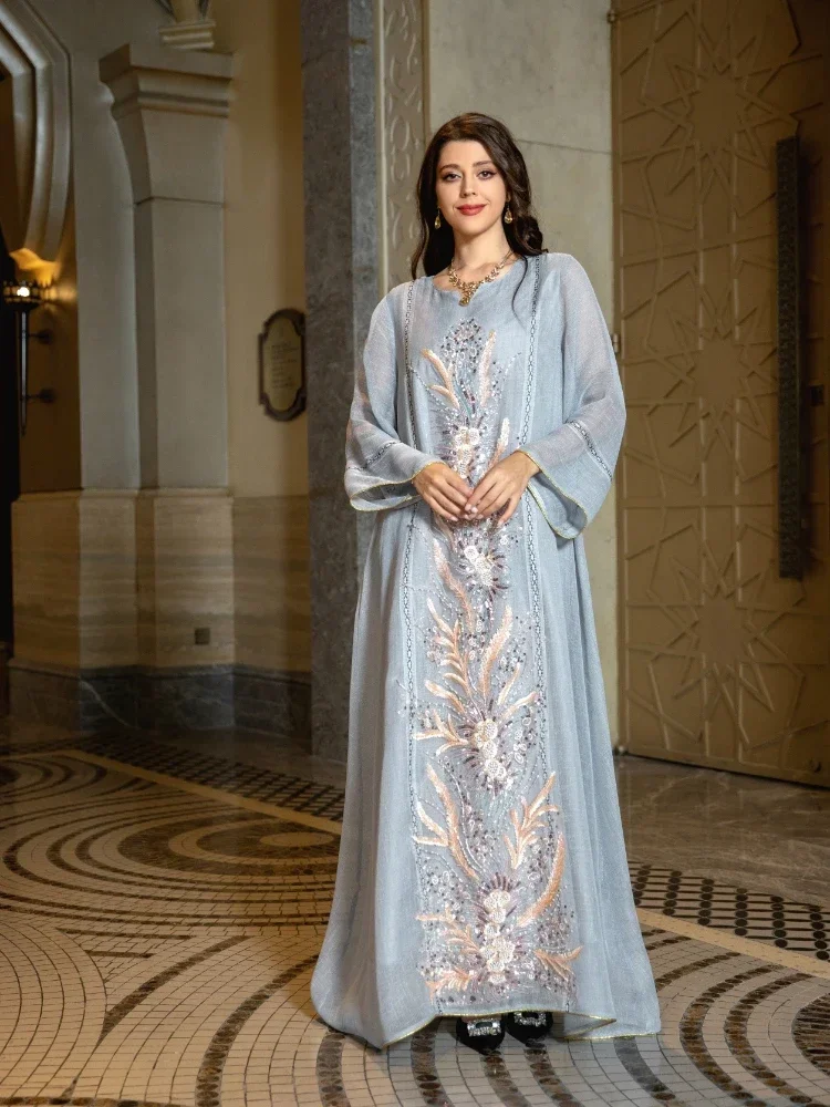 Eid Morocco Party Dress for Women Sequins Beading Mesh Abaya Morocco Kaftan Long Vestidos Ramadan Gown Dresses Saudi Arab Robe