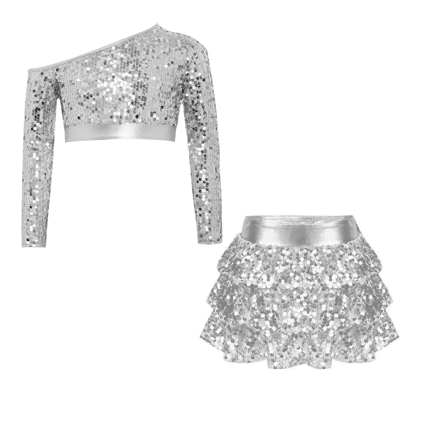 Kids Girls Sequins Jazz Dance Performance Costume One Shoulder 70s Disco Outfit Children Clothing Crop Top with Culottes Sets