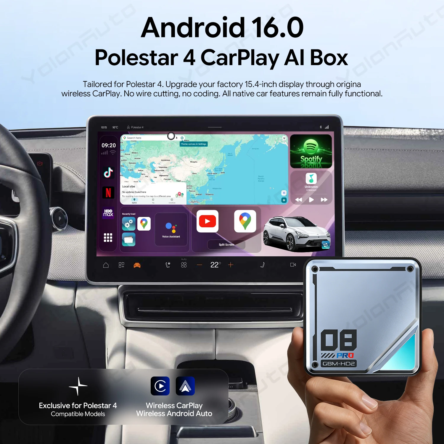 YolanAuto Pro Android 16 CarPlay Android Auto Ai Box 8+128G QCM6125 8 Cores Netflix&Youtube GPS 4G LTE for 2023-2026 Polestar 4
