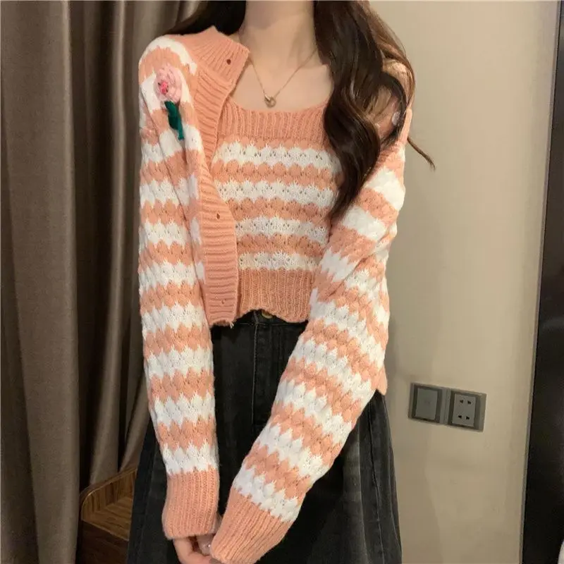 Korean Chic Retro Striped Knitted Cardigan Cropped Sweater Suspender Camis Suit Two-piece Set Button Tops Casual Casaco Feminino