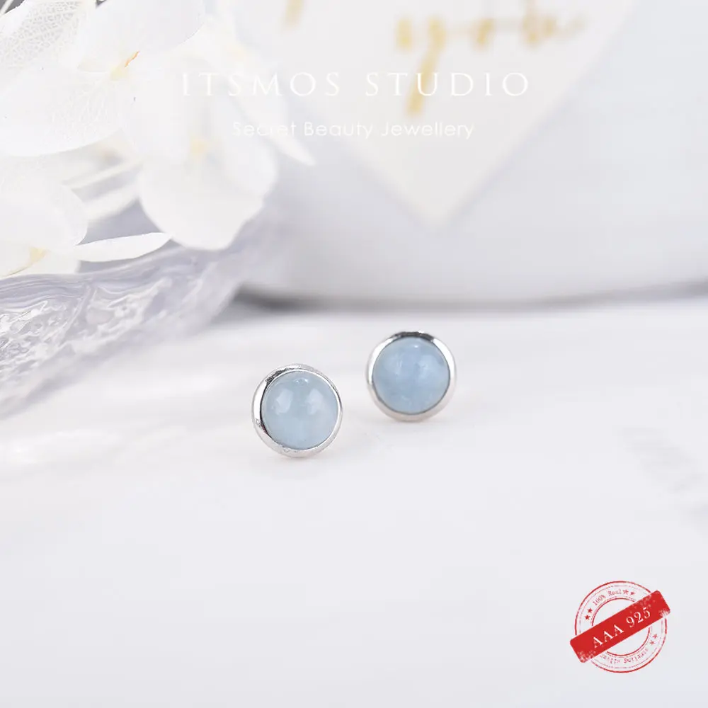 ITSMOS-pendientes redondos de Aguamarina para mujer, plata de ley s925, tachuelas de piedras preciosas de cuarzo rosa Natural, joyería Simple azul, regalo clásico