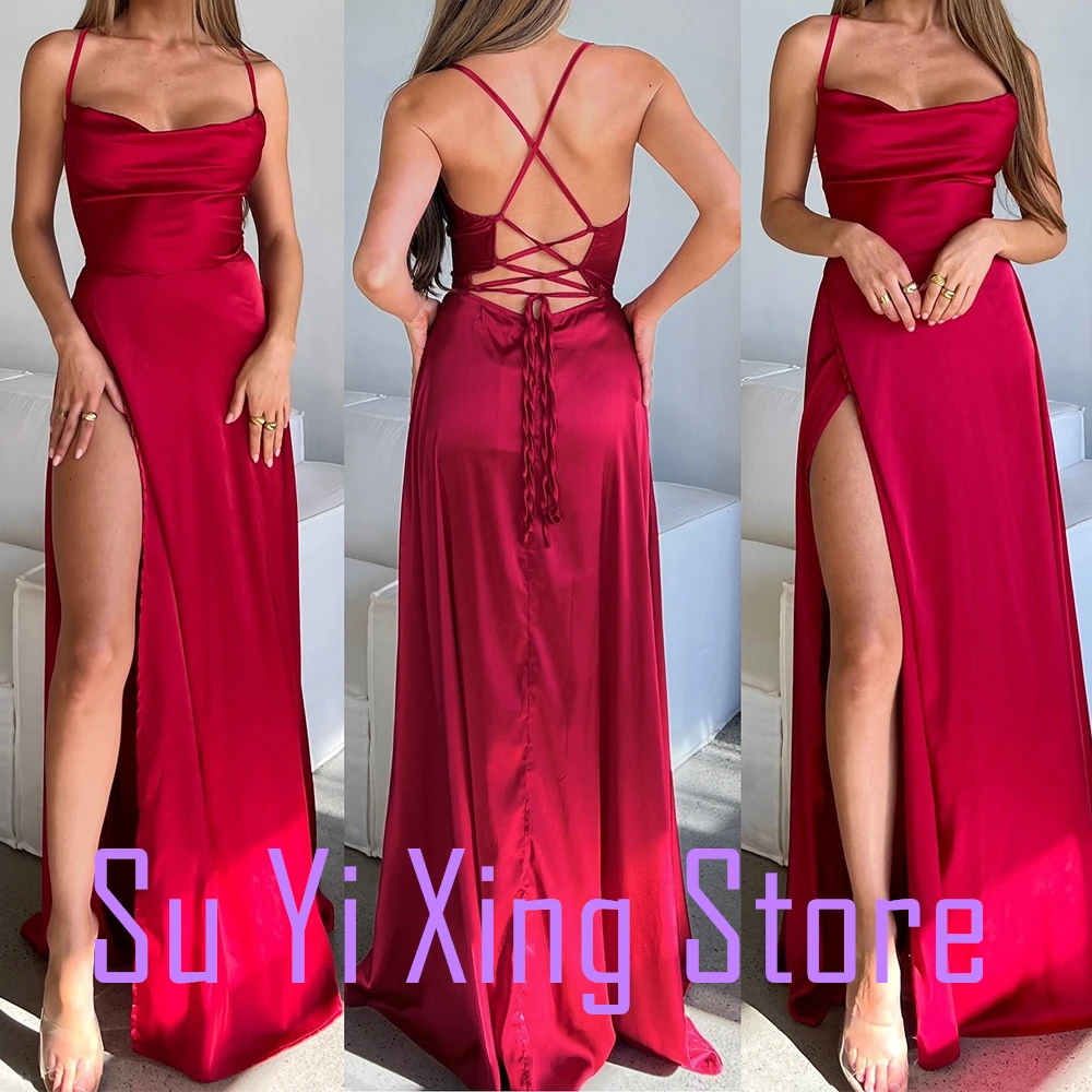 Lace Up Back Sleeveless Satin Spaghetti Straps Boat Neck Criss-Cross Sweep Train Side Slit A-Line Sexy Special Occasion Gowns