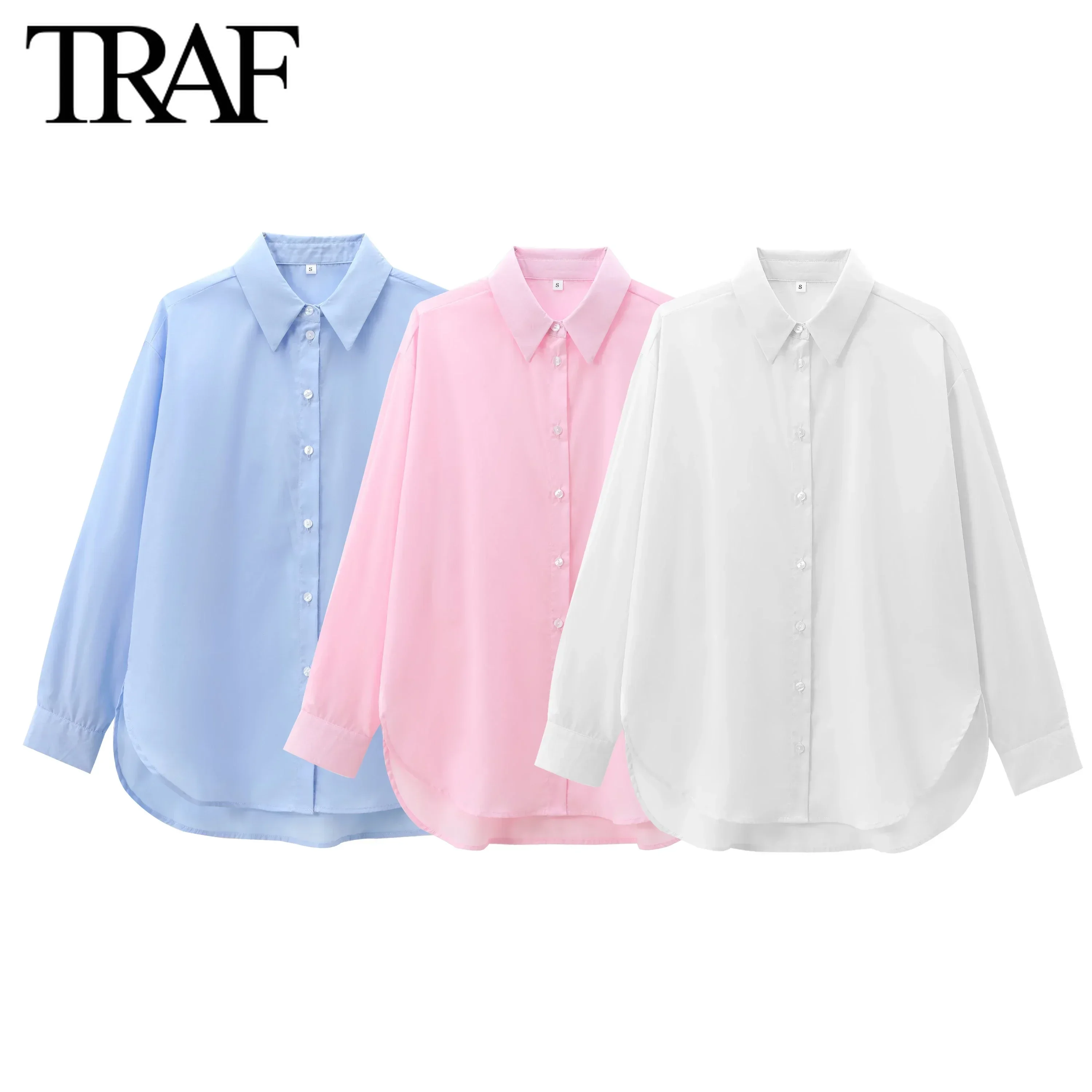 TRAF Women Fashion New Cotton Solid Color Loose Long Sleeve Single Breasted Lapel Blouse Street Clothing Shirt Chic Ladies