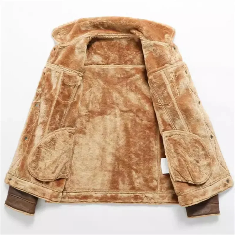 Winter Men\'s Suede Leather Coat High Quality Thick Fleece Warm Leather Jacket Fashion Turn Down Collar Male Loose Casual Coats