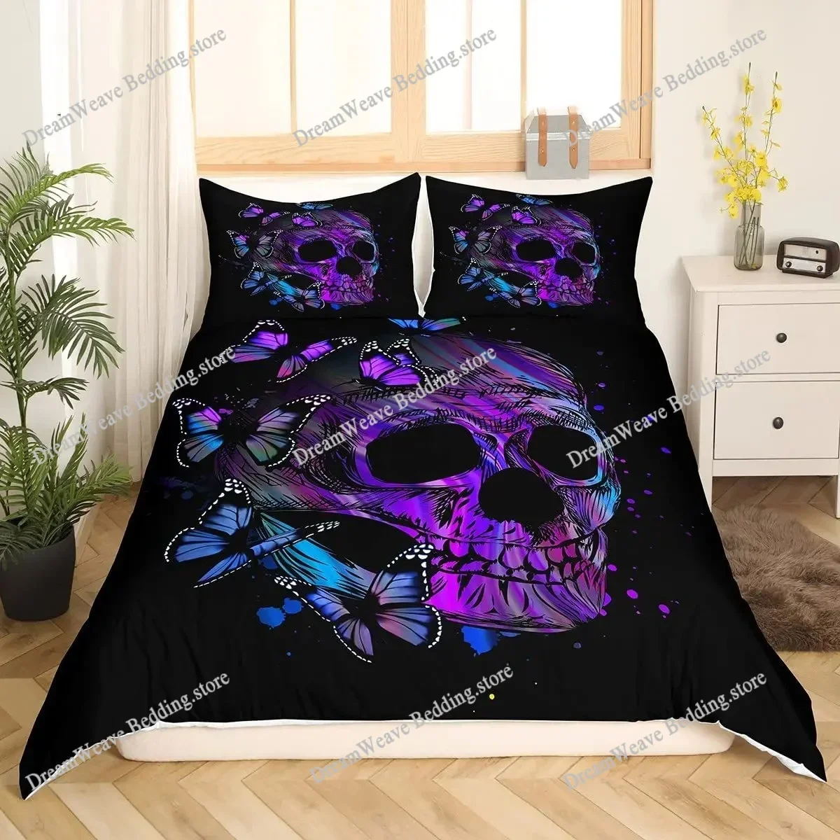Gothic Skull Duvet Cover Set Queen Size, Black and White Skull Bedding Set for Boys Teens Men, Retro Floral Comforter Covers Set