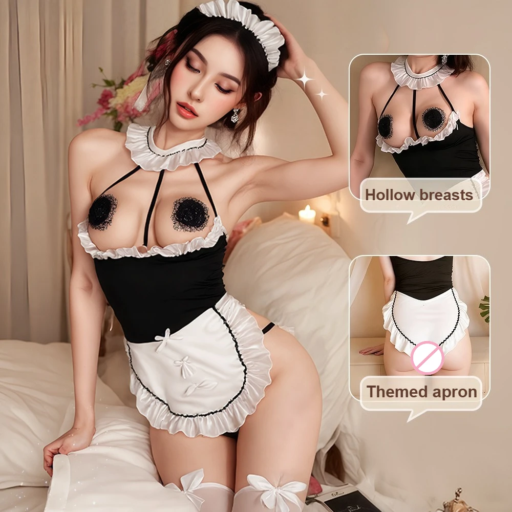 

Sexy Maid Lingerie Set - Halter Neck Erotic Costume for Women, Hot Anime Cosplay Roleplay Outfit