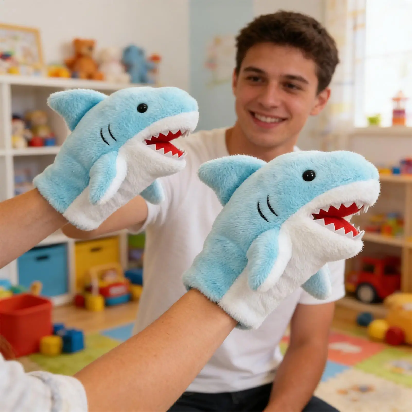 Shark Hand Puppet Plush Storytelling Toy with Moveable Mouth Plush Puppet for Kids Family Home Party School Classroom Playroom