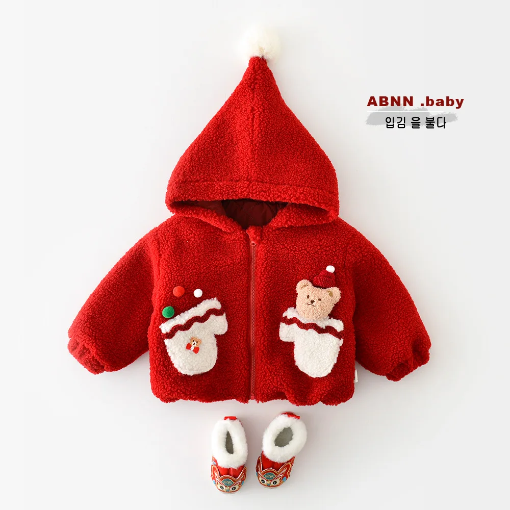 2024 Winter Christmas Baby Girls Jacket Hooded Cartoon Bear Hairy Warm Infant Girls Outerwears Coat Toddler Girls Parkas