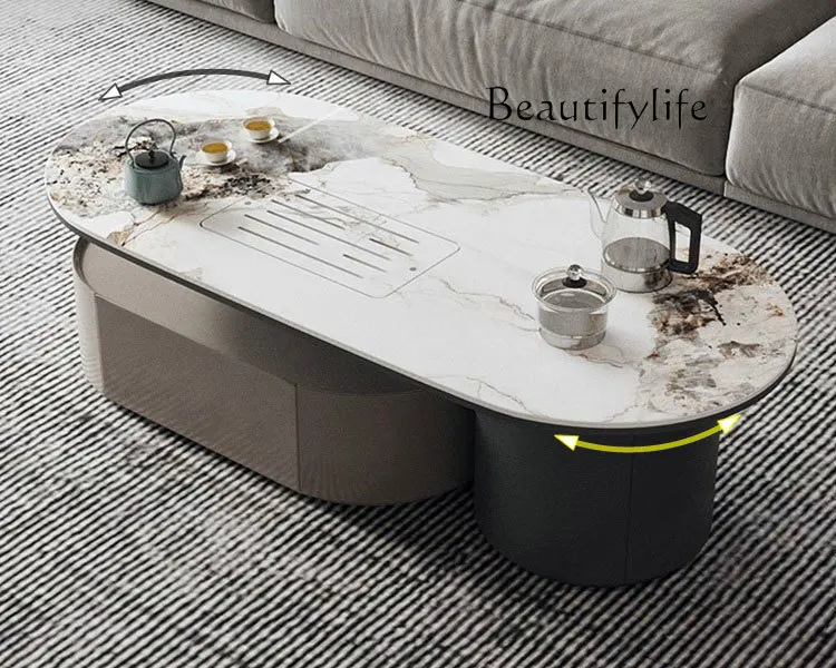 Light Luxury Oval Rock Plate Kung Fu Retractable Coffee Table Living Room Tea Table with Kettle Integrated