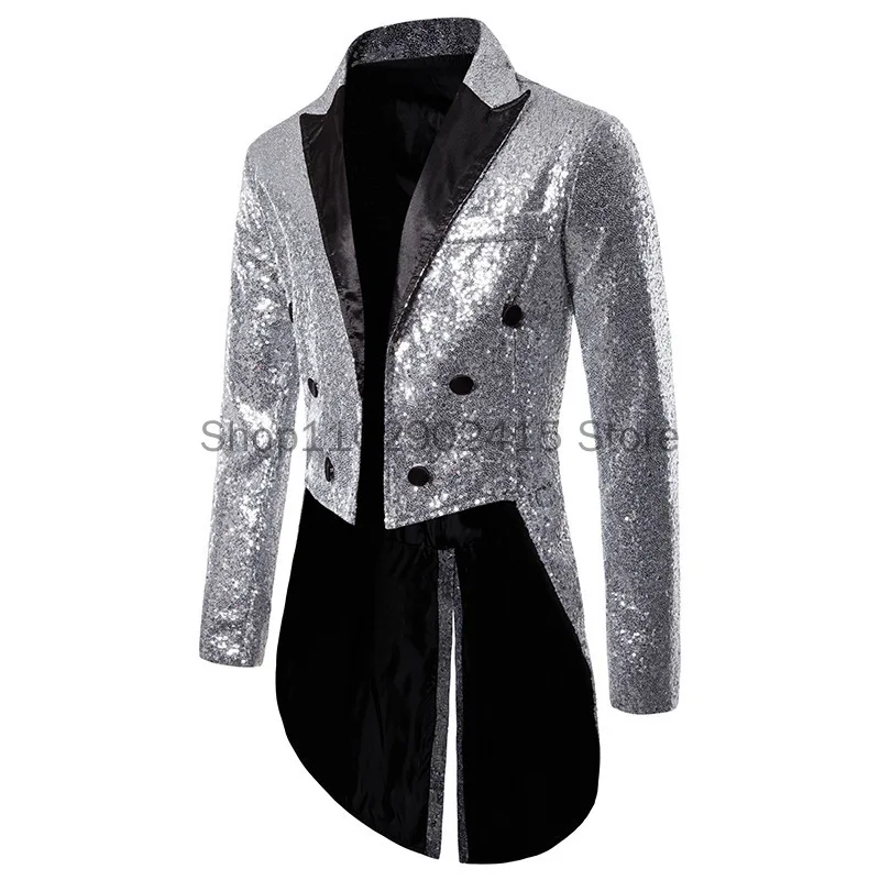 Shiny Gold Sequins Glitter Tailcoat Suit Jacket Male Double Breasted Wedding Groom Tuxedo Blazer Men Party Stage Prom Costume