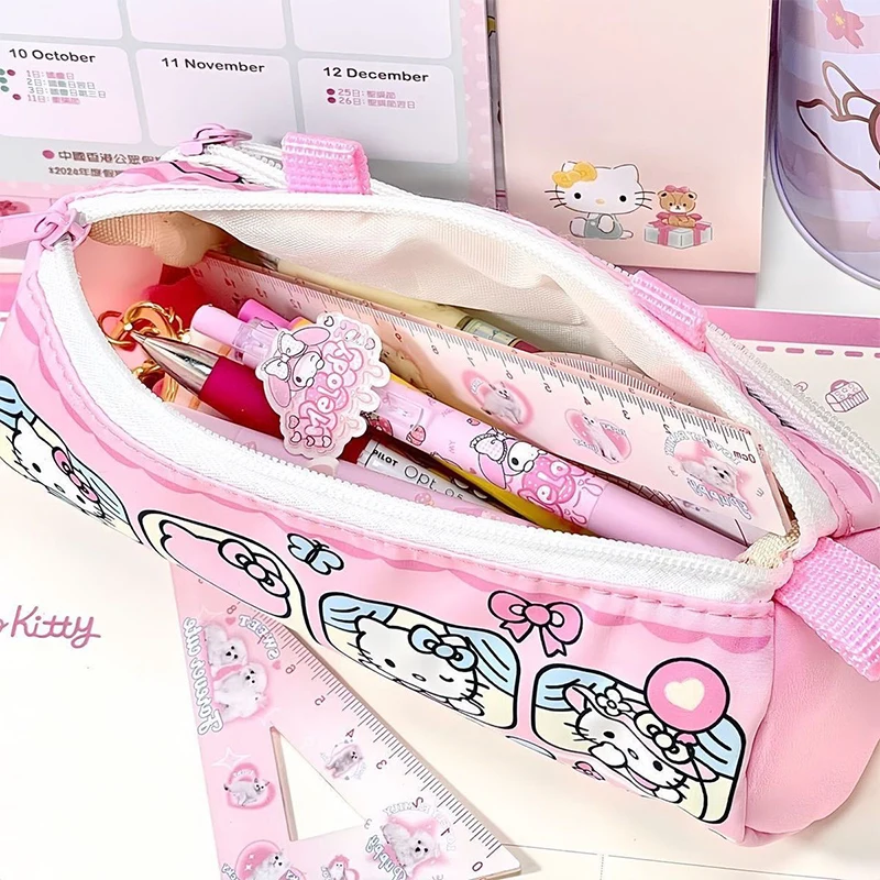 New Sanrio Hello Kitty Pencil Pouch Large Capacity Pen Case Pink Kt Cat Cosmetic Bag Girls Student Supplies Stationery Gifts