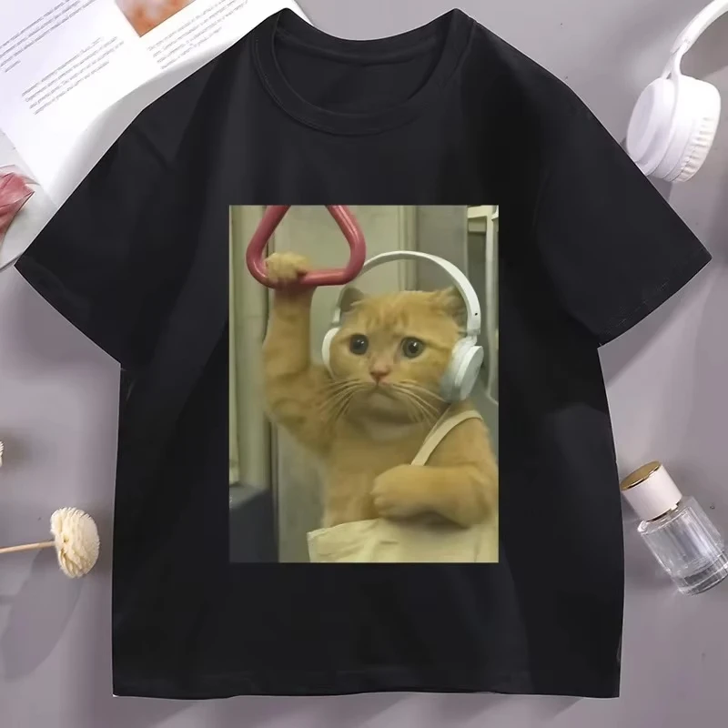 2026 New Funny Subway Cat Meme T-Shirt Stupid Brainrot Cat Lover Funny Tee Cool Short Sleeve Streetwear Women