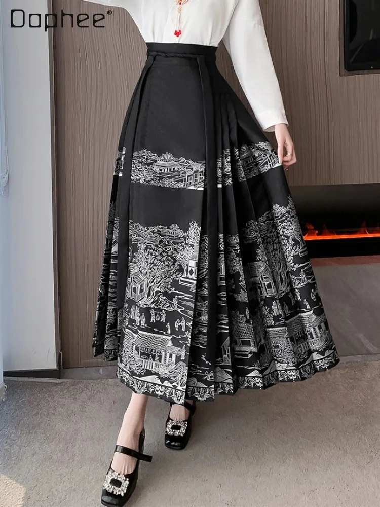 

Chinese Style Printed Skirt 2024 New Autumn Vintage Women's Small Daily Commuter Improved Hanfu Horse-Face Mid-length Skirts