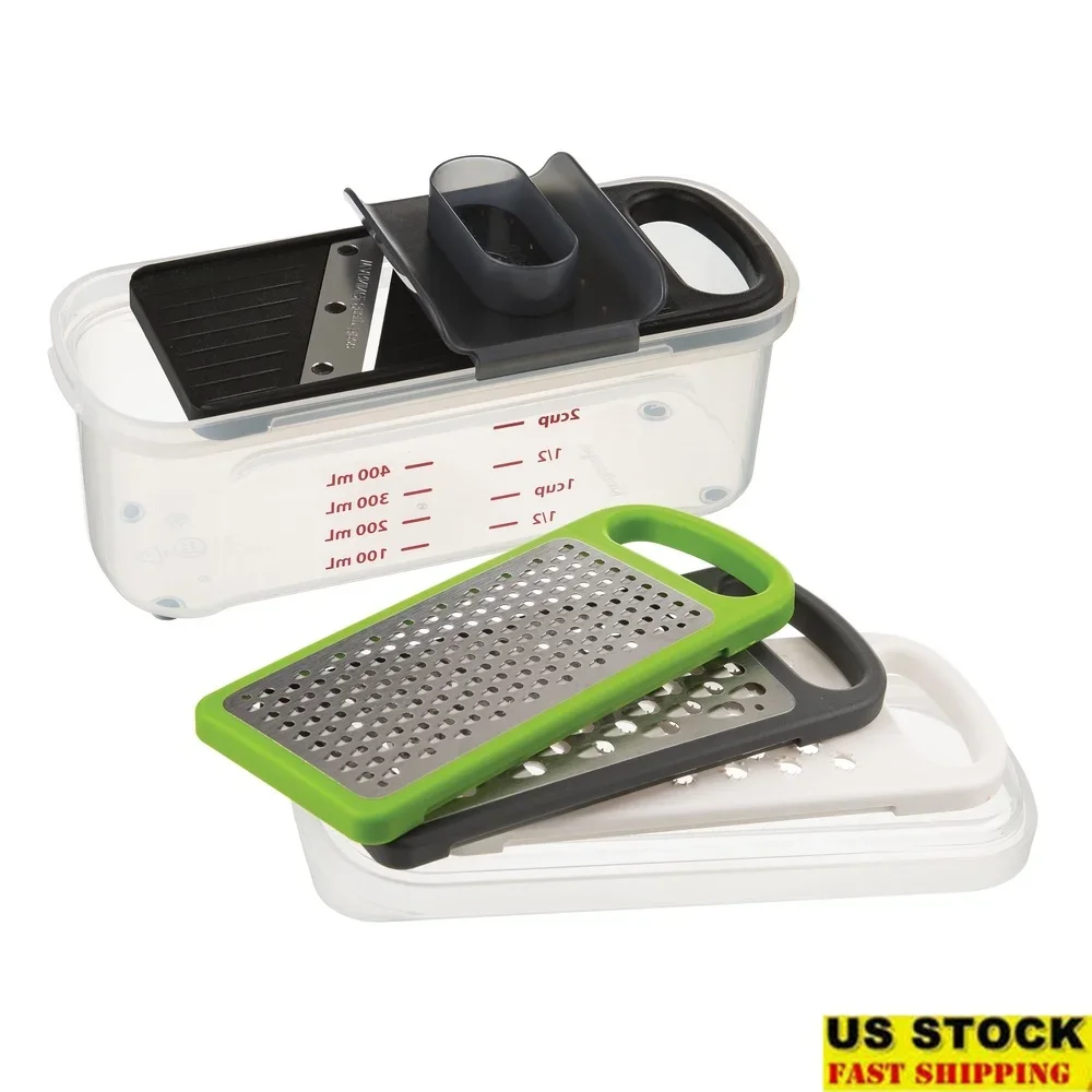 

Compact Grate and Slice Set 7 Piece Kitchen Tool Coarse Fine Grater Straight Slicer Zester Hand Guard Dishwasher Safe Meal Prep