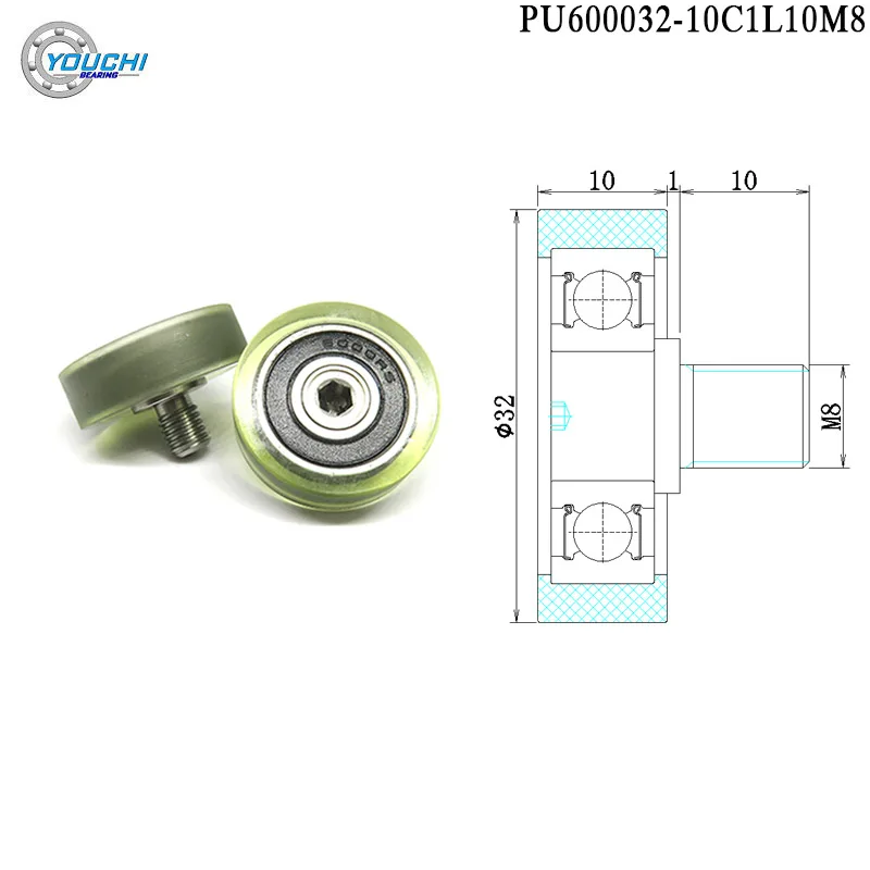 2pcs 32mm External Screw Thread Polyurethane Formed Bearing PU Coated Pulley Wheel Plastic Roller