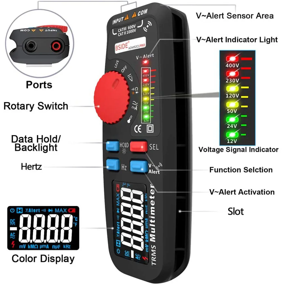 ADM92CL PRO True RMS مقياس متعدد رقمي شاشة ملونة نطاق تلقائي 6000 TRMS تستر مع سلك مباشر تحقق درجة الحرارة هرتز أوم ديود متر