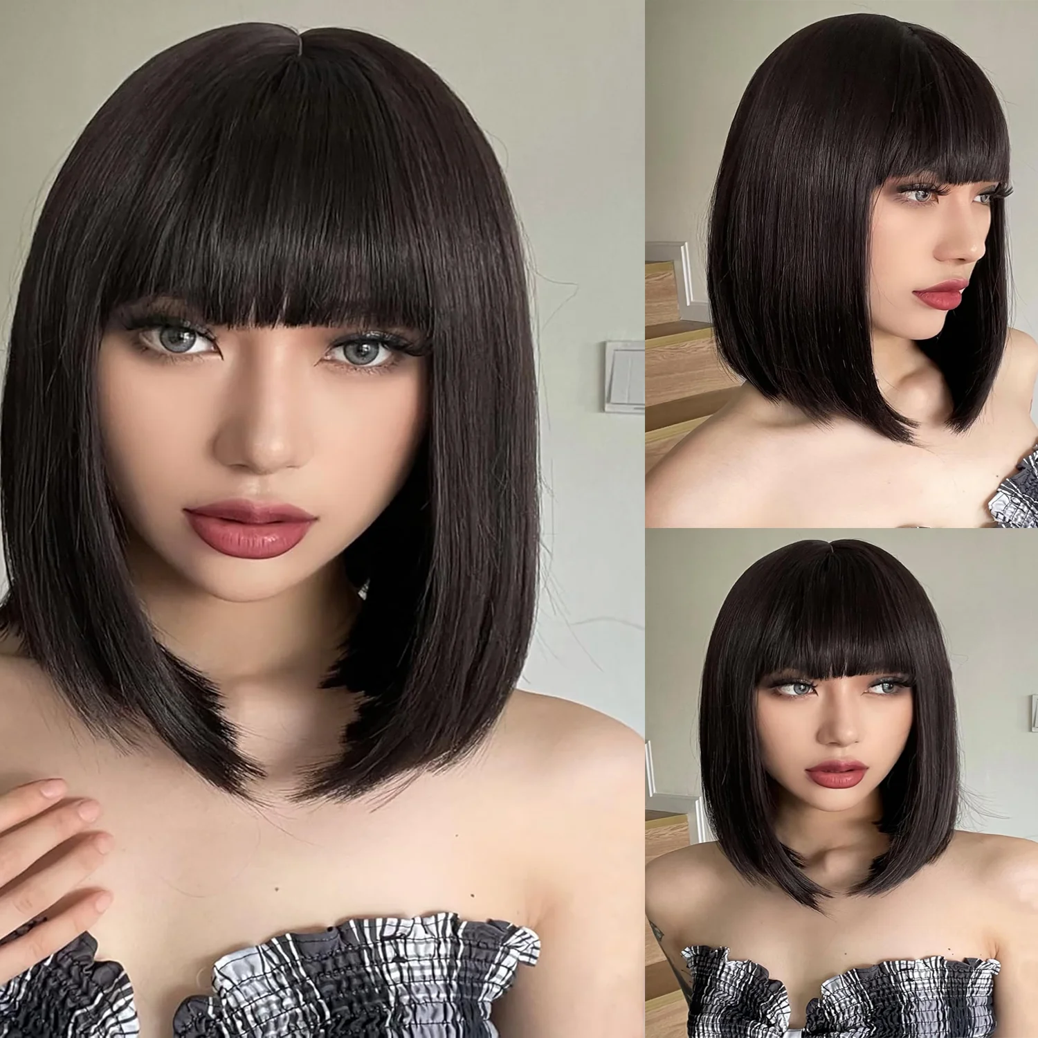 Short Black Bob Wig with Bangs Short Brunette Wigs for Women Synthetic Bob Wigs for Cosplay Party 12 Inch