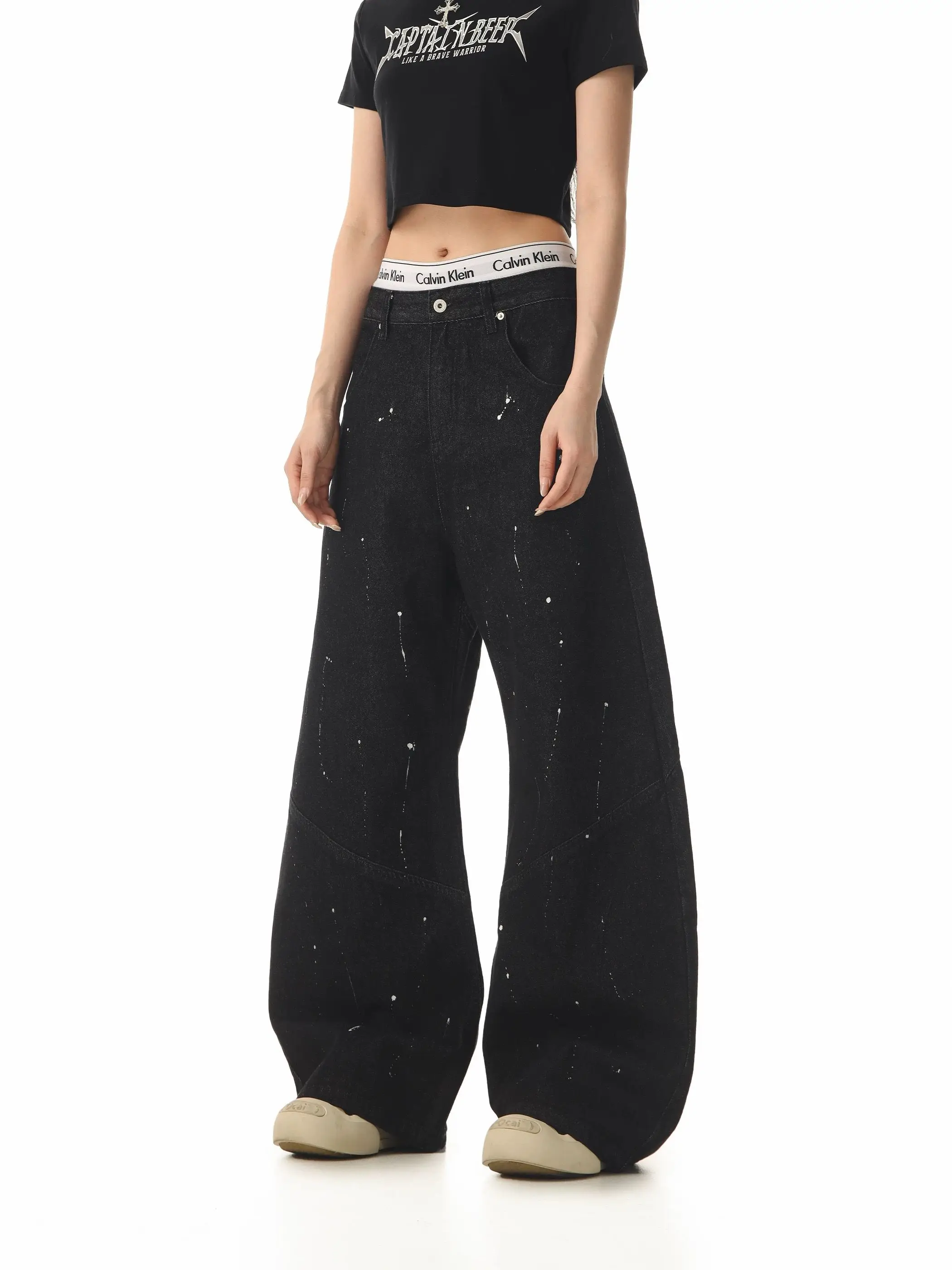 Ins American Simple Basic Women Jeans Fashion Street Loose Woman Jeans Casual Black High Waist Jeans Female Chicly