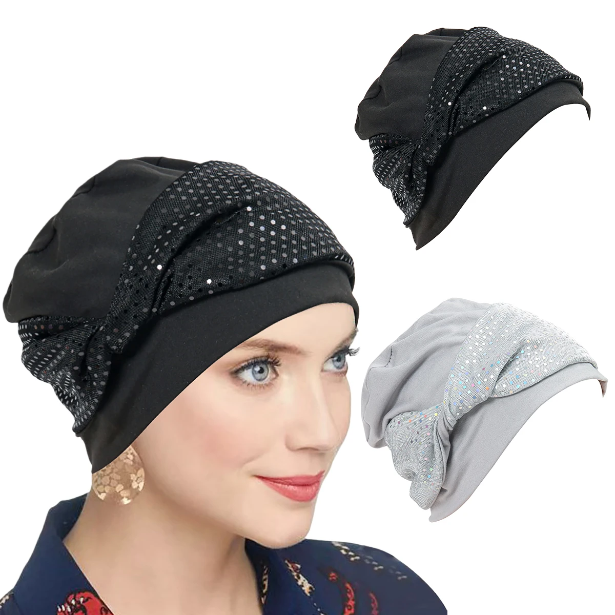 Turbantes de Moda com Lantejoulas em Cores Sólidas, Chapéus Hijab, Lenços de Cabeça, Chapéus de Cabeça Macios e Elásticos, Lenços Muçulmanos, Toucas para Quimioterapia para Mulheres e Meninas