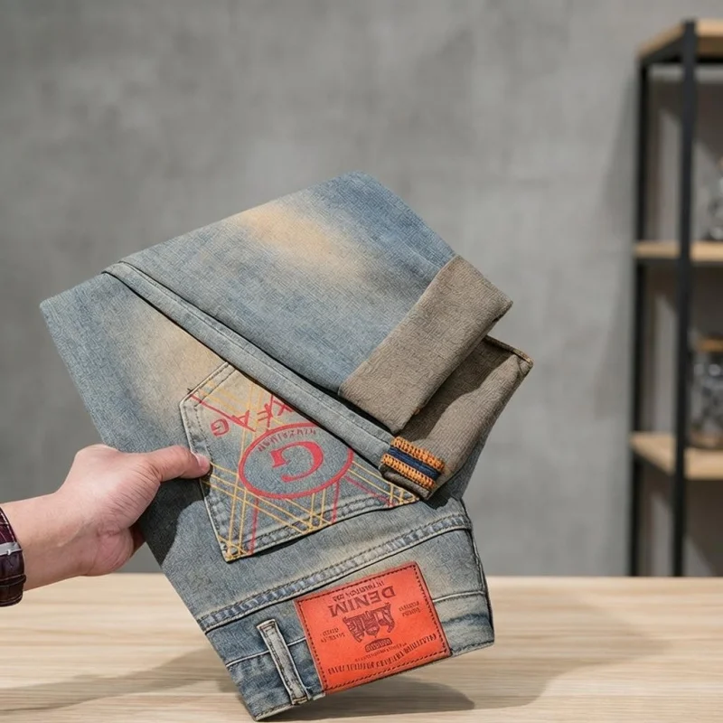 2026 New Men's Denim Jeans Retro Faded Style with Straight Cut and Back Pockets, Casual Street Style Pants