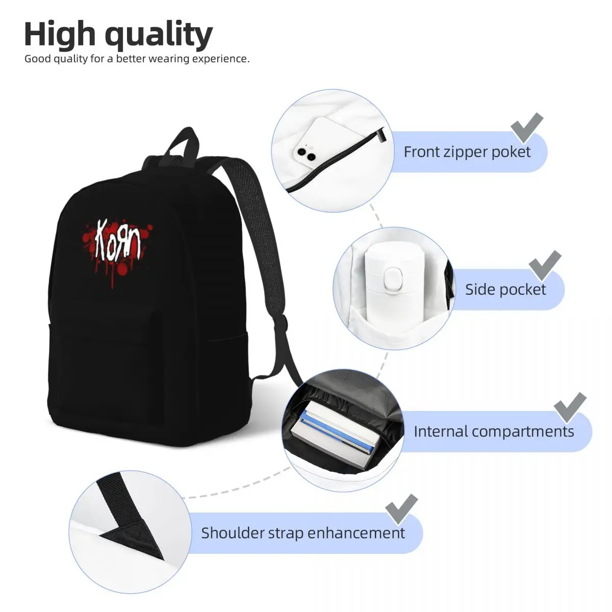 Korn Classical Backpack Outdoor Student Hiking Travel Rock Band Music Daypack for Men Women Laptop Canvas Bags