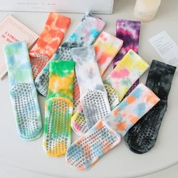 패션 타이 염색 코튼 통기성 미끄럼 방지 중반 송아지 요가 필라테스 양말 실내 댄스 피트니스 훈련 스포츠 양말 바닥 양말