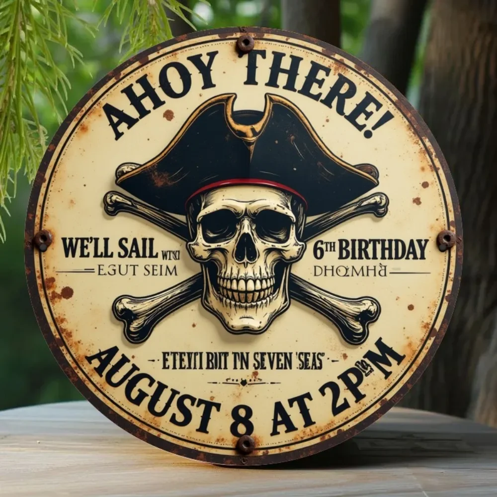 1 cartel de metal de 6 cumpleaños con temática pirata, plano 2D - "¿Ahoy There! We'll Sail with Eut Seim" Decoración de hierro rústico