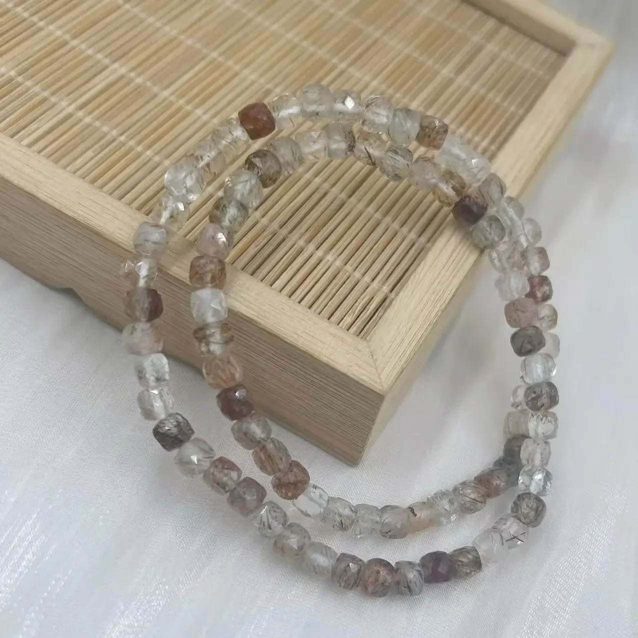 2 Circles 4mm Square Rutilated Genuine Quartz Cube Natural Stone Gemstone Elastic Energy Craft Rope Wrap Bracelets 14inch