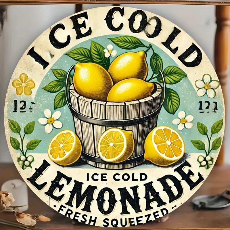 [Relajación en el Hogar] Letrero Metálico Estilo Vintage "Limonada Helada", 8x8 Pulgadas - Decoración Rústica de Pared con Limones Recién Exprimidos