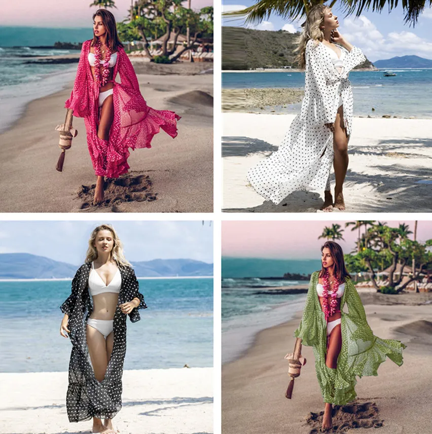 Cubierta de Bikini Sexy con Estampado de Puntos Redondos, Cardigan de Poliéster para la Playa, Falda de Vacaciones, Ropa Depo...