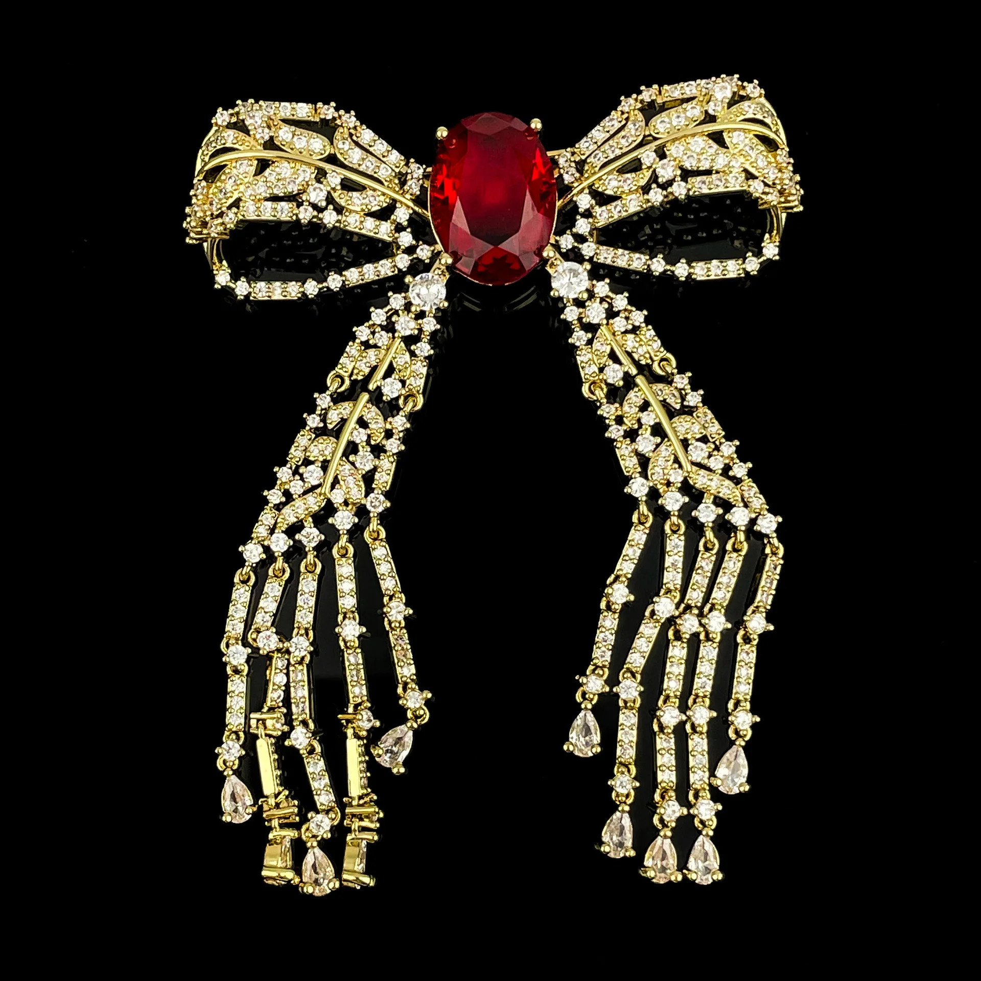 

Red Green Gemstone Bow Brooch with Tassel, Elegant Royal Court Style Jewelry, Luxury Fashion Pin