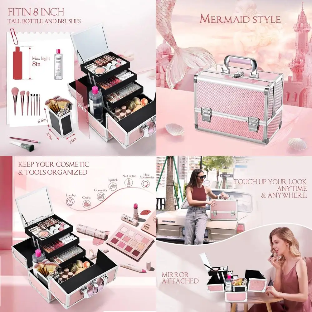 Trousse de maquillage portable rose sirène avec 3 niveaux, miroir, porte-brosse, verrouillable et clé, organisateur de bijoux 11.8 pour voyage