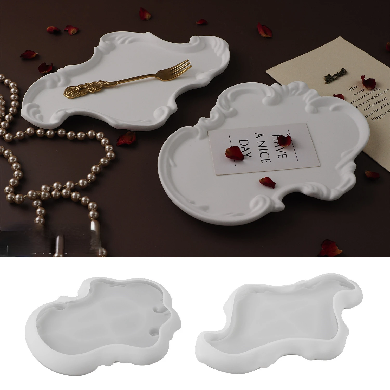 Clay European Lace Embossed Tray Plate Storage Tray Making Mold Diy Crystal Drip Glue Plaster Water Mirror Silicone Mould