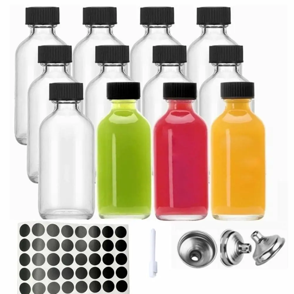 12Pcs Portable 60ml Sample Boston Bottle Clear with Lids & 3 Funnels Small Glass Bottles Airtight Whiskey Sample Potion