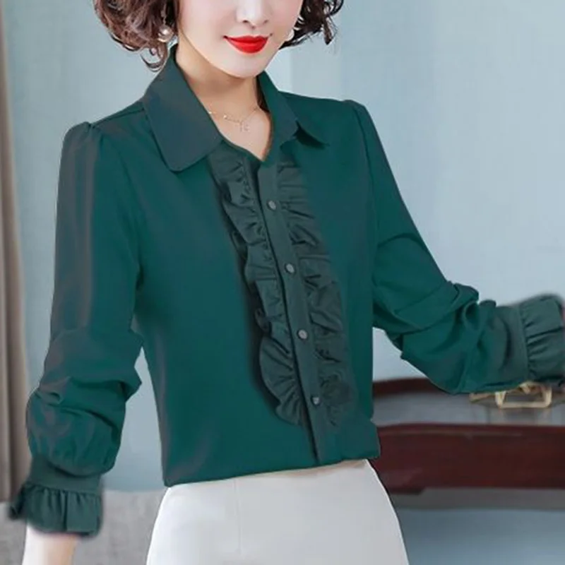 Elegant Lapel Button Spliced Solid Color Ruffles Shirt Women's Clothing 2023 Autumn New Casual Tops Loose Office Lady Blouse